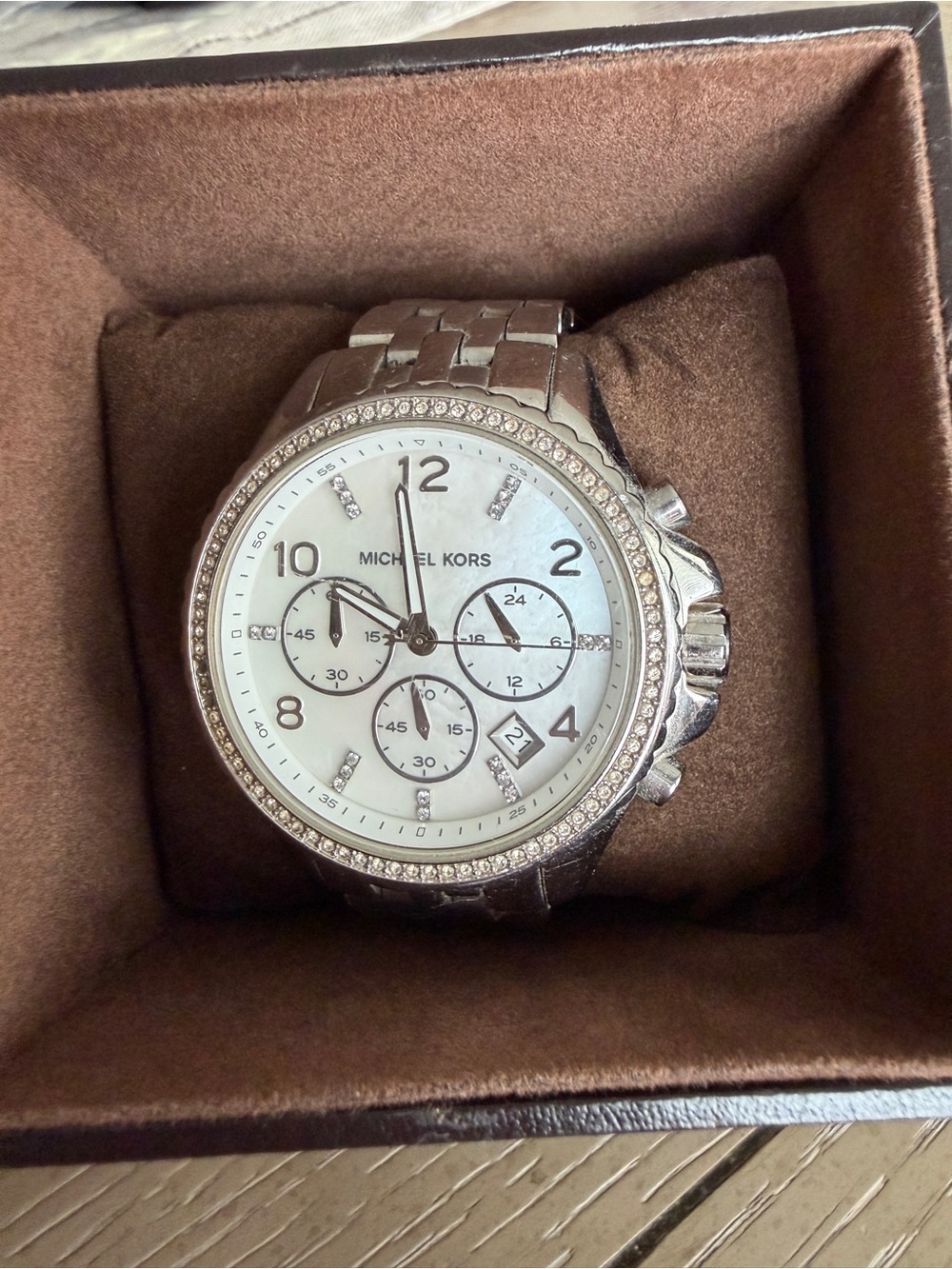 Michael Kors Silver & Pearl Women’s Chronograph Watch with Crystal Bezel